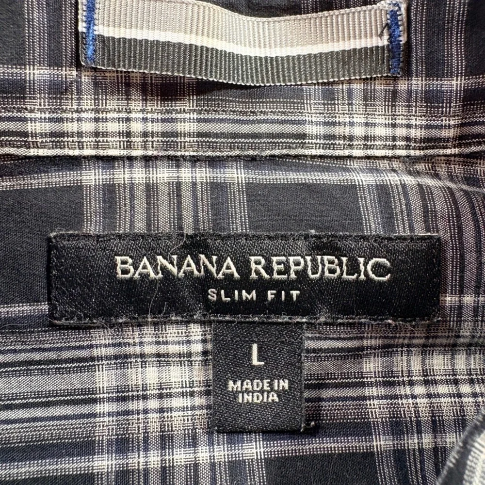 Banana Republic Western Shirt Mens Large Slim Fit Black White Plaid Snap Front